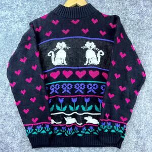 Vintage Adele Knitwear Sweater Women L Hearts Cat Quirky Kitsch Kawaii Grandma